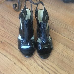 Brown croc style sling back heels